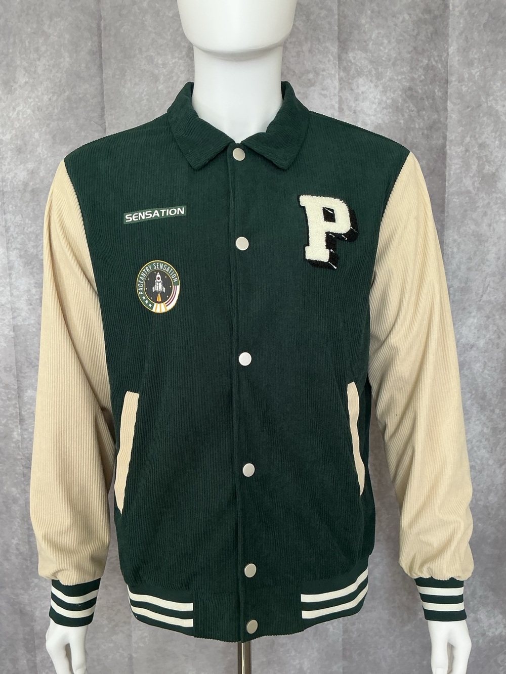 Green and Cream Corduroy Letterman Jacket - P Patch